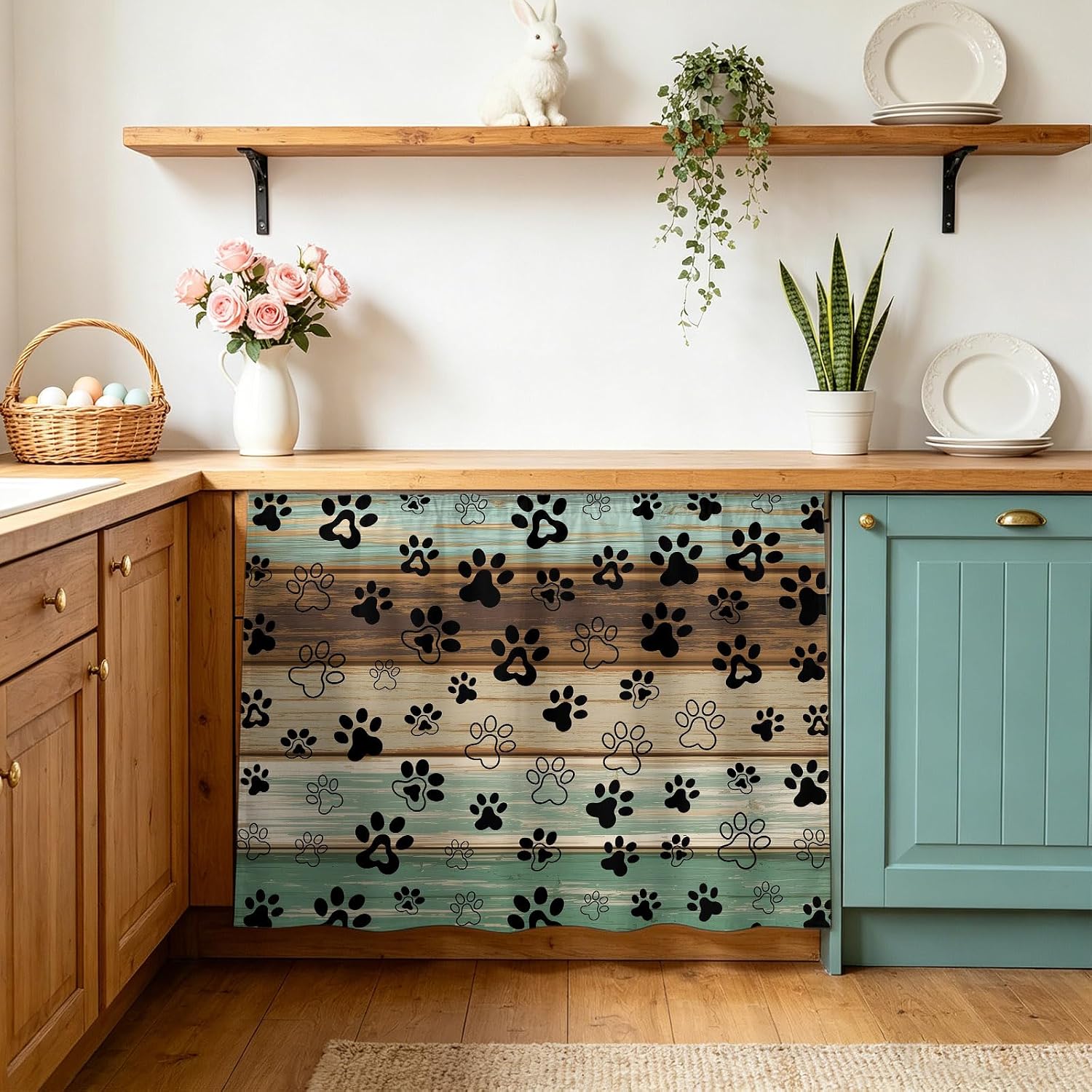 Cabinet Curtains 28"W x 35"L, Teal Brown Under Sink Skirt for Bathroom Vanity Kitchen Self Adhesive, Pet Paw Printed Farmhouse Dog Claws Wood Grain Dust-Proof Privacy Curtain for Closet Shelves