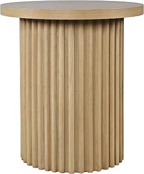 Jofran Round End Table with Fluted Pedestal Base, Mid-Century Modern Side Table for Living Room Bedroom, Accent Table, Natural