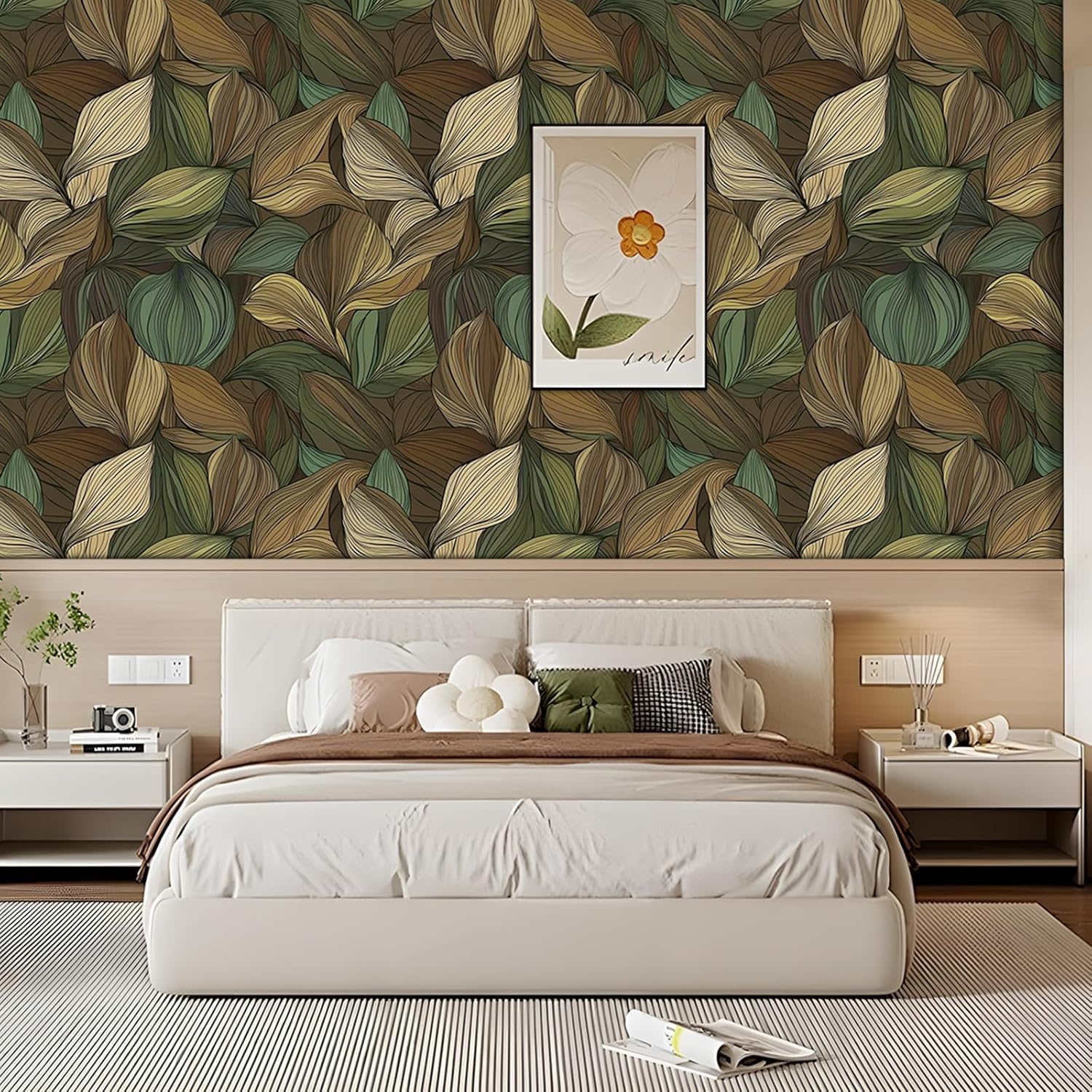 Botanical Leaf Wallpaper Peel and Stick Self Adhesive Boho Tropical Beige Green Vintage Vivid Thick Leaves Contact Paper Removable Waterproof for Bedroom Renter Friendly 17.71"x118.1"