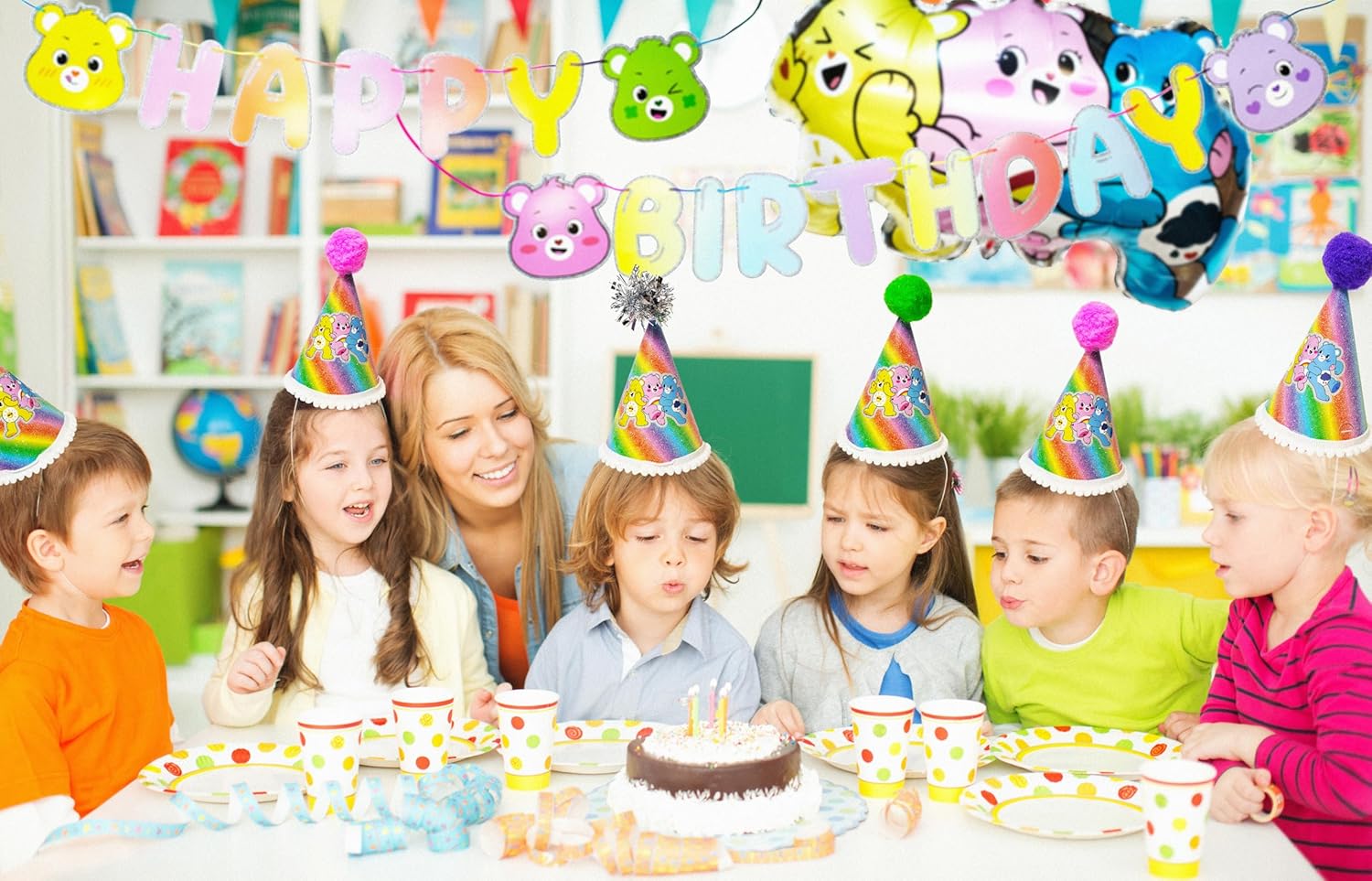 LUV HER Care Bears Birthday Decorations 31pc Room Decorations Original Care Bears Party Supplies: Party Hats Birthday Banners Balloons Rainbow Party Favor Baby Shower Gender Reveal Decor 3+ - Image 4