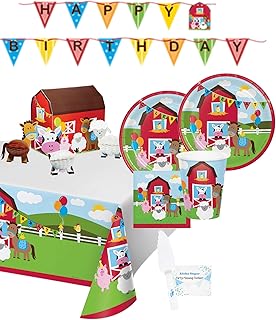 Farm Party Supplies - Piatti, bicchieri, tovaglioli, striscione e centrotavola per 16 persone, decorazioni perfette per feste di compleanno con animali della fattoria