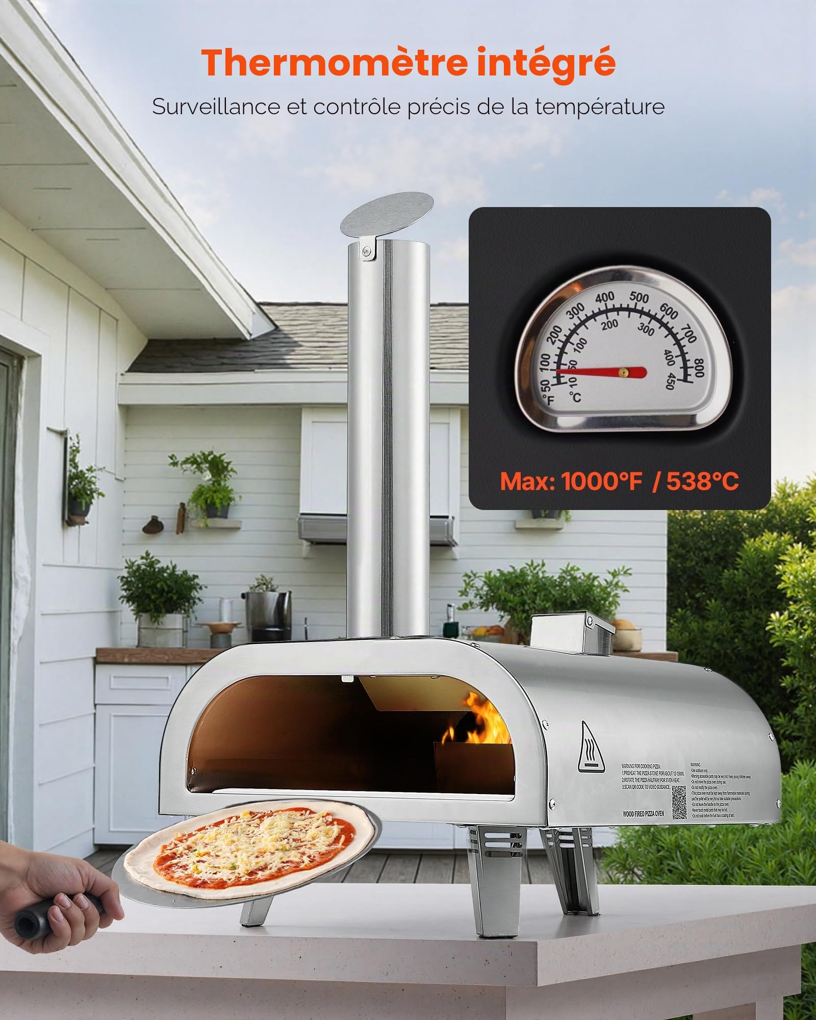 VEVOR Four à Pizza d’Extérieur 12 pouces 305 mm, Four à Granulés de Bois Portable, en Acier Inoxydable, avec Thermomètre Intégré, Pelle et Sac de Transport, pour Réunion Camping Jardin Arrière-Cour