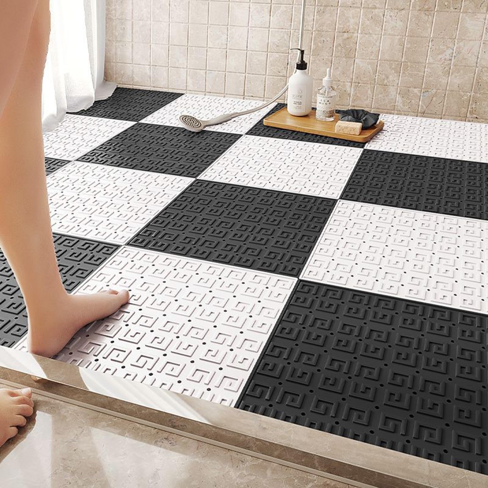 Tappeto antiscivolo impermeabile in TPE, tappetino di drenaggio 30,5 x 30,5 cm, per cucina e bagno, aree umide, tappeto ritagliato nero-bianco, durevole e facile da pulire