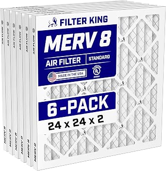 Filter King 24x24x2 Air Filter MERV 8 6-Pack Dust & Allergy Control AC Furnace Filters, MADE IN USA, HVAC, Pleated, Electrostatic Actual Size 23.5 x 23.5 x .75