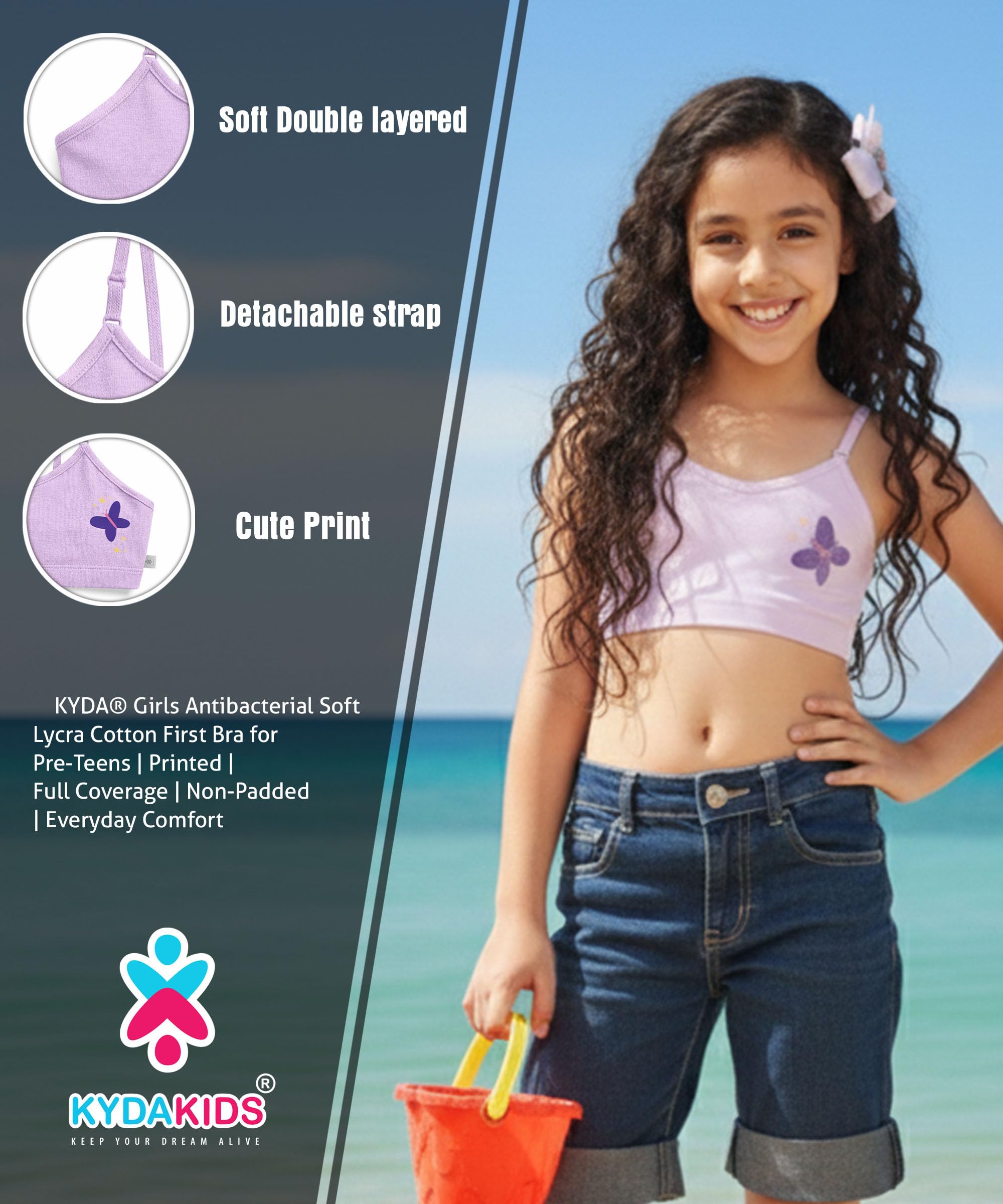 KYDA KIDS® Girls Antibacterial Printed Cotton Non Padded, Beginners Bra for Girls - Image 4 thumbnail