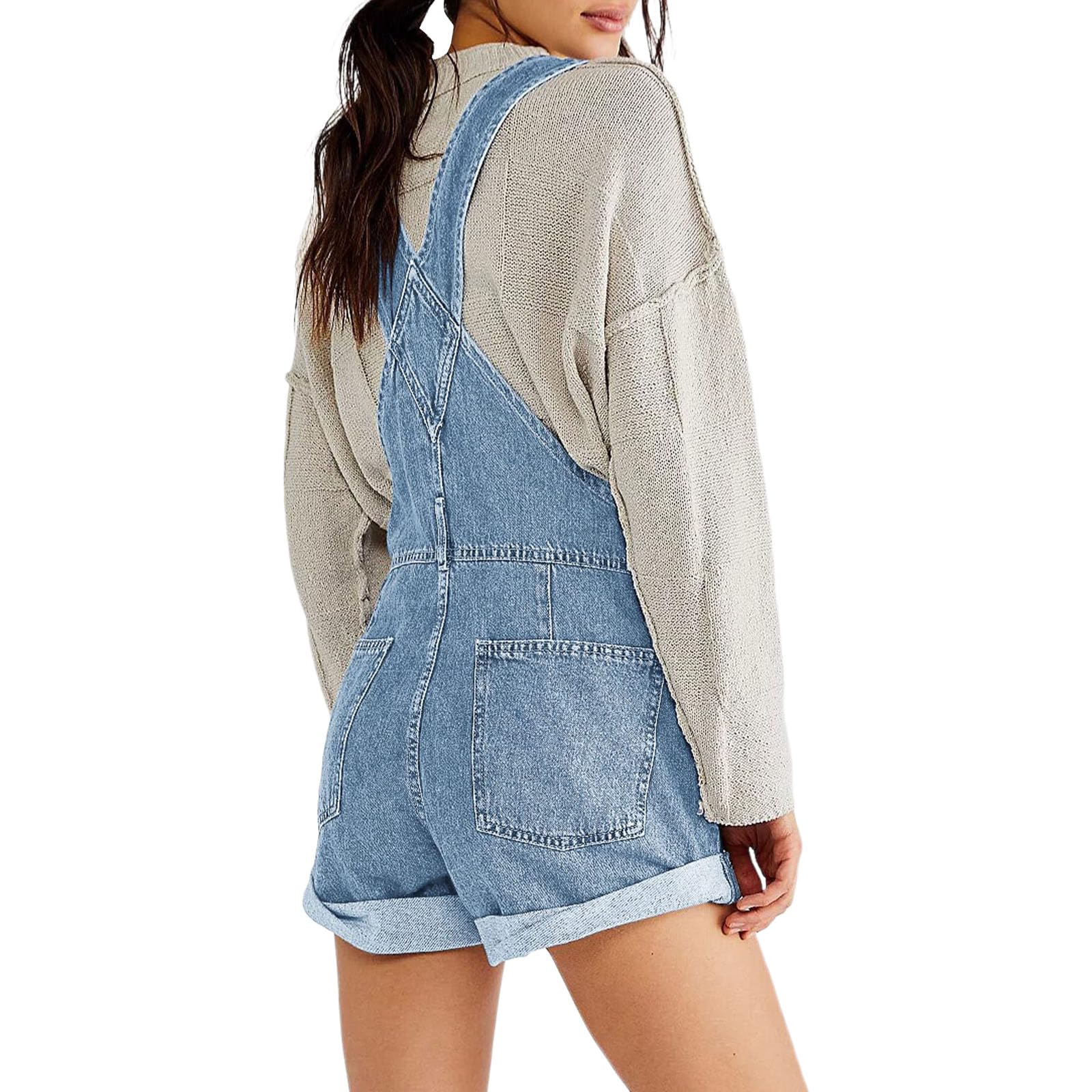 Felcia Damen Denim-Träger-Shorts, Overall, verstellbarer Riemen, Strapse, weites Bein, gerollte Manschette, Overall, lässige Jeans-Shorts, Latzhose mit Taschen