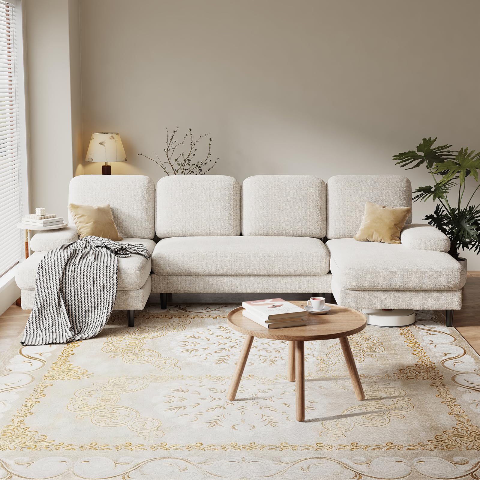 Photo 1 of **Missing Box***DUMOS Sectional Couches for Living Room, U Shaped Couch with Double Chaise Lounge, Modern Chenille Fabric 4-Seat Couch with Removable Pillows for Apartment/Small Space, Beige
