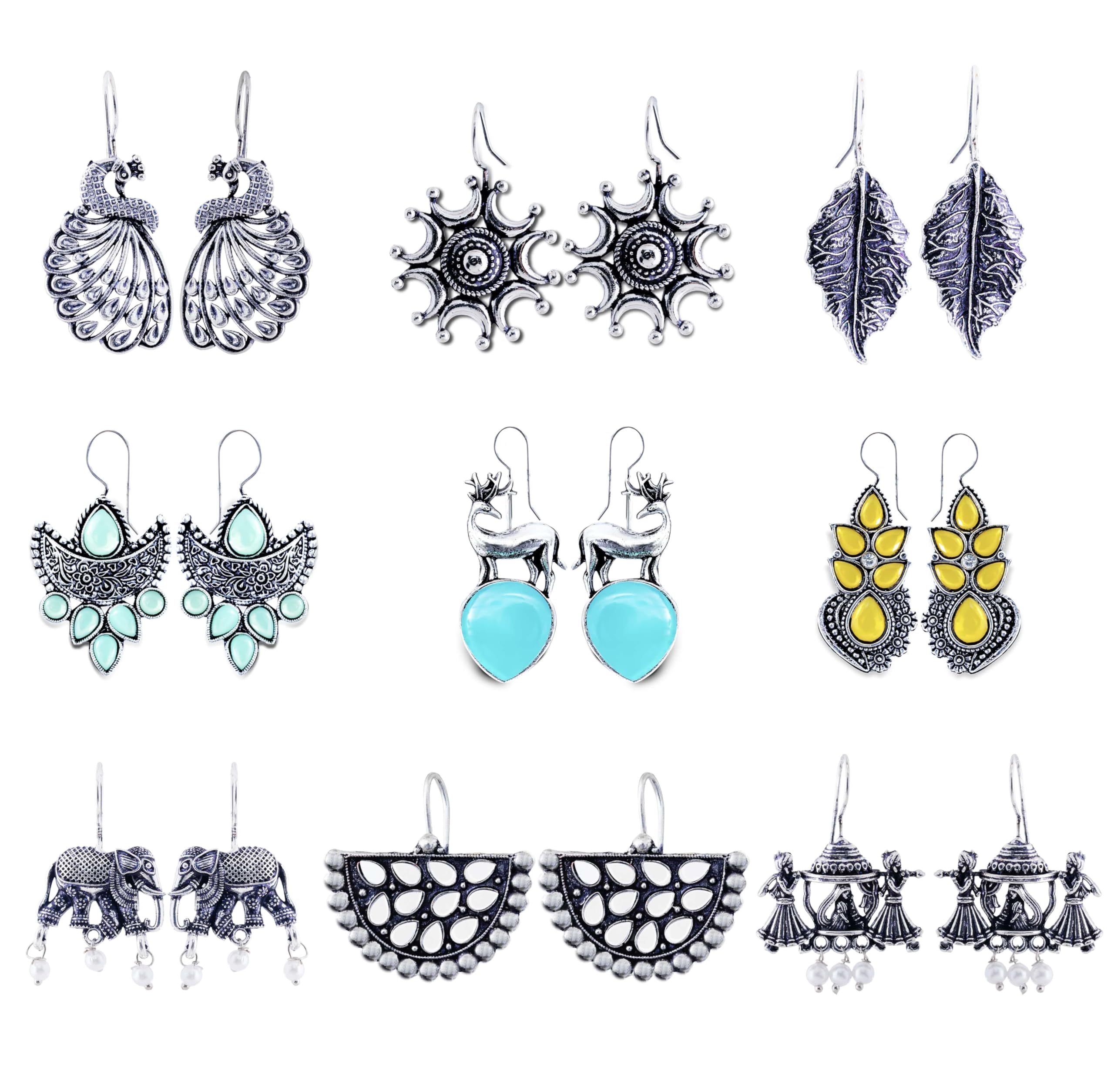 Set of 9 Jaipuri Oxidised Earrings with Free Oxidised Bracelet - For Casual and Tradional Wear - Office Wear - Gift For Her (B0DGLLFB55) Amazon Price History, Amazon Price Tracker