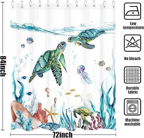 Miniatura 7 de Fowocu Cortina de ducha de 84 pulgadas con diseño de tortuga marina, impermeable, tela impermeable para baño, con divertidos animales, pulpo,