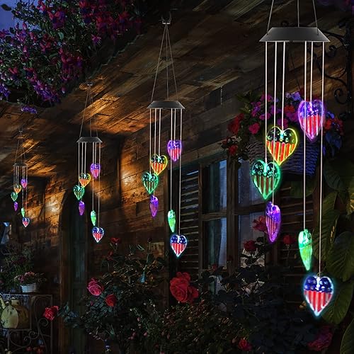 Miniatura 5 de Campanilla de viento solar con la bandera estadounidense, luz de campanilla de viento patriótica, decoración colgante, regalos para jardín al aire
