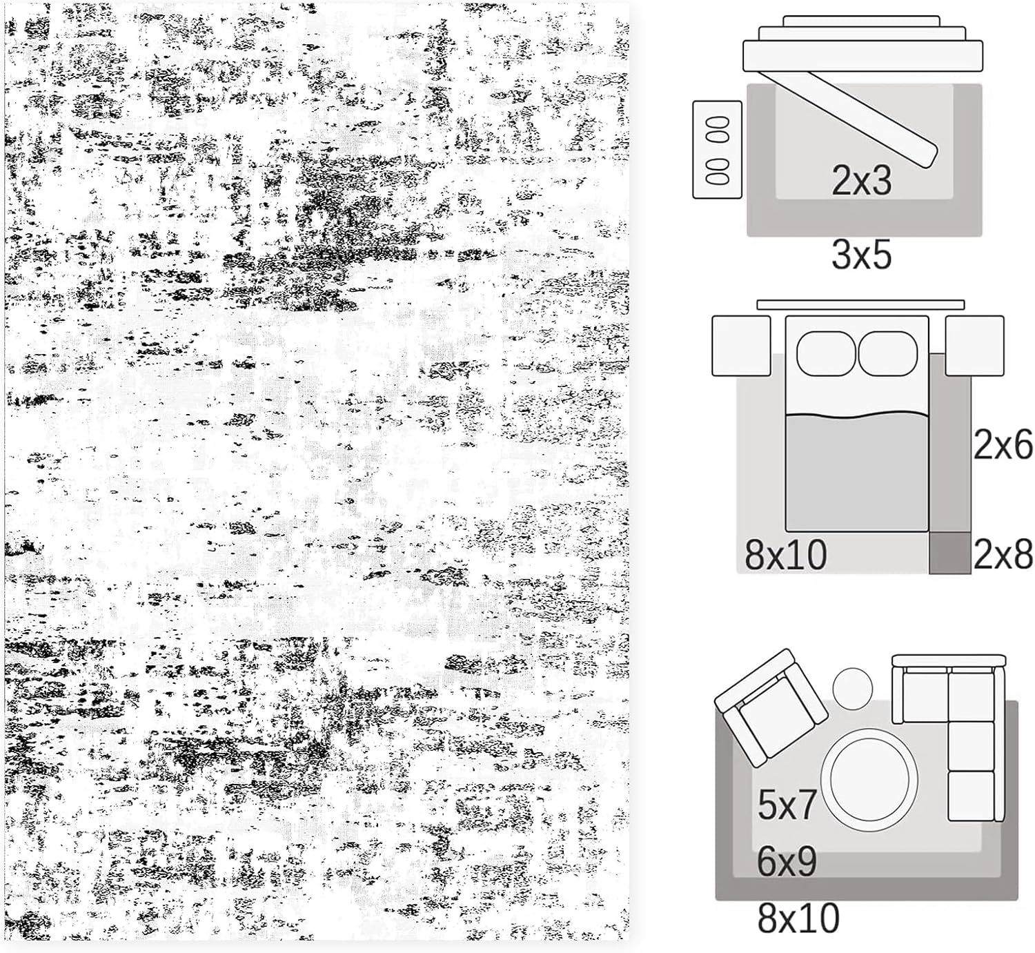 area rugs 8x10, modern abstract machine washable rugs for living room thin carpet indoor floor non-shedding carpets for bedroom dining room farmhouse home office | black white grey/white 8x10ft