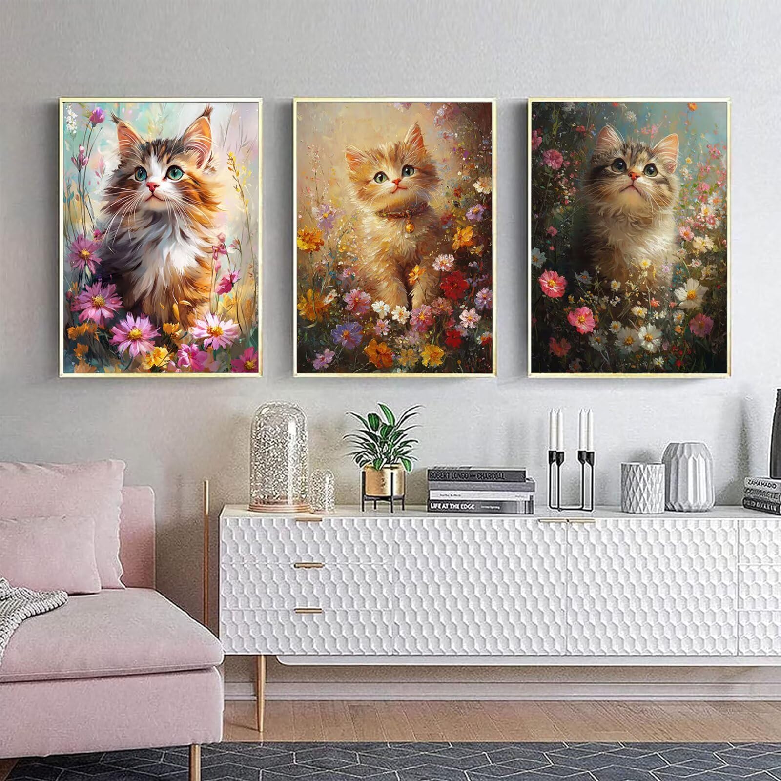 Generico Cnyaunfi 3 Pezzi Gatto Pittura Diamante Fai-Da-Te, 5D Beige Diamond Painting Kit Completo per Hobby Creativi Adulti, Per La Decorazione Della Parete Di Casa 50x70cm YF-3536