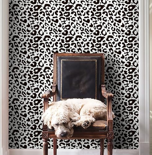 Ismoon Delicado papel tapiz blanco y negro para despegar y pegar de 17.3 x 393 pulgadas, papel tapiz de leopardo moderno, papel de contacto blanco