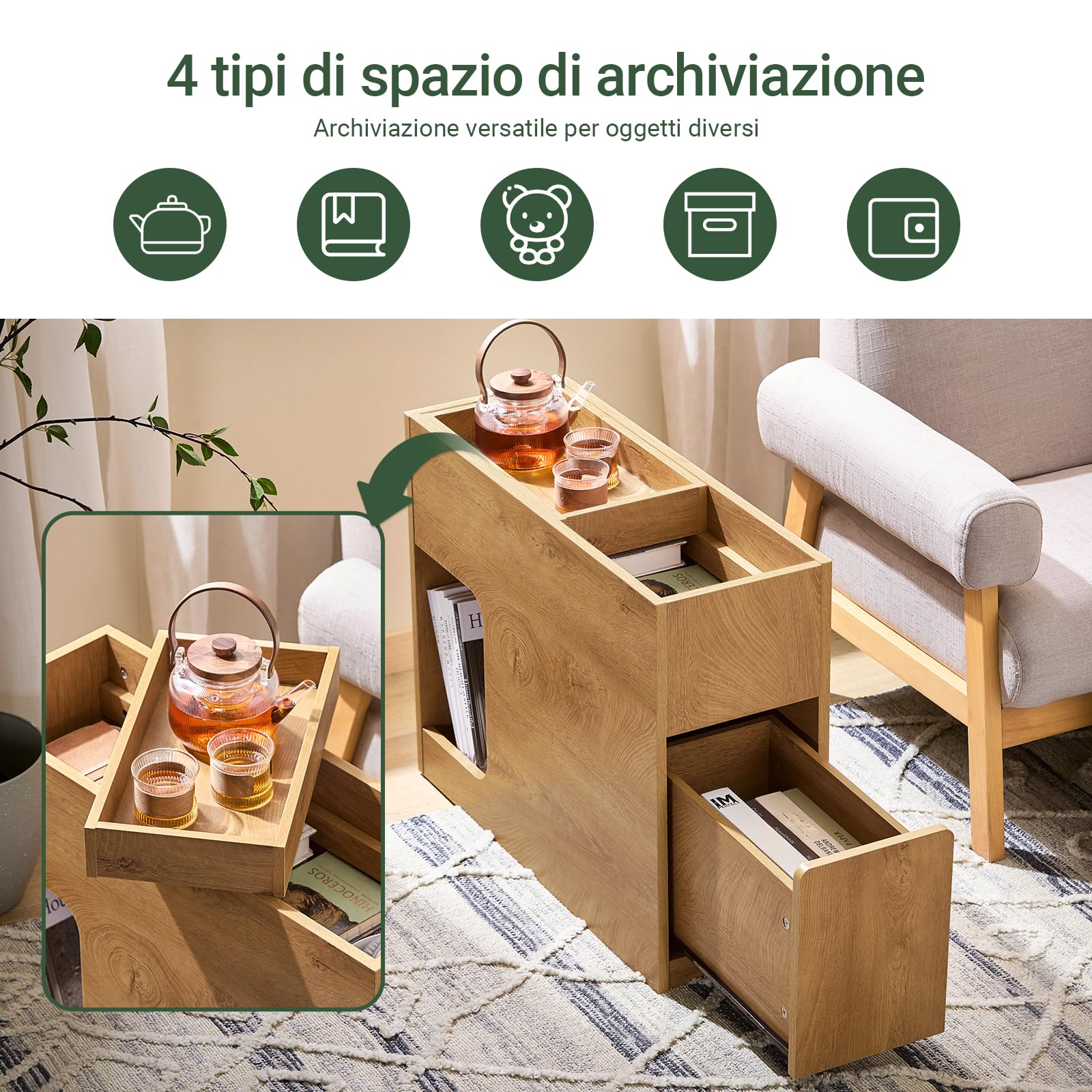 SoBuy Tavolino Stretto con Vassoio Estraibile & Cassetto, Comodino Stretto 25 cm, Mobile Salvaspazio per Soggiorno, Camera da Letto, Naturale, L25 x P70 x H55 cm, FBT158-N