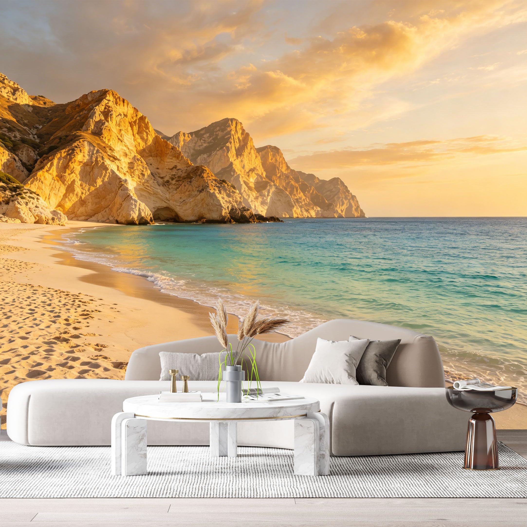 Custom Size Wall Murals Coastal Landscape Ocean Marine 3D Trompe L'Oeil Sand Beach Rocky Cliffs Sunset SelfAdhesive Wall Fabric Removable Large Wallpaper for Photo Living Room