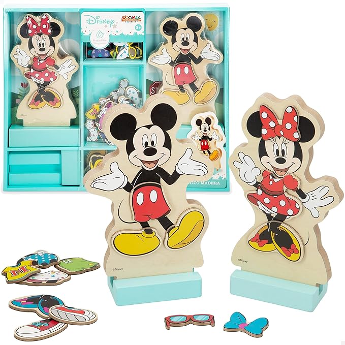 WOOMAX 48725 - Figuras Disney madera, Mickey, Minnie, juego magnético, 54 piezas, 22x30 cm, puzle de madera, Juguetes de madera natural, +3 años