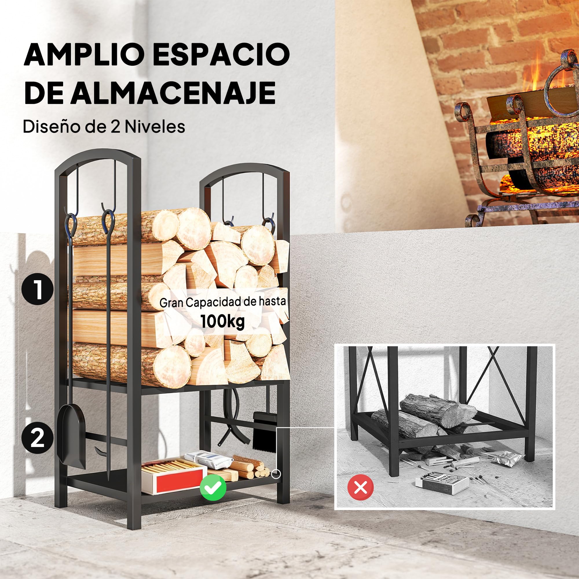 Outsunny Estante de Leña para chimenea Soporte para Leña de 2 Niveles Leñero Exterior e Interior Metálico con 4 Herramientas para Chimenea Carga Máx.100 kg 40x30x74,5 cm Negro