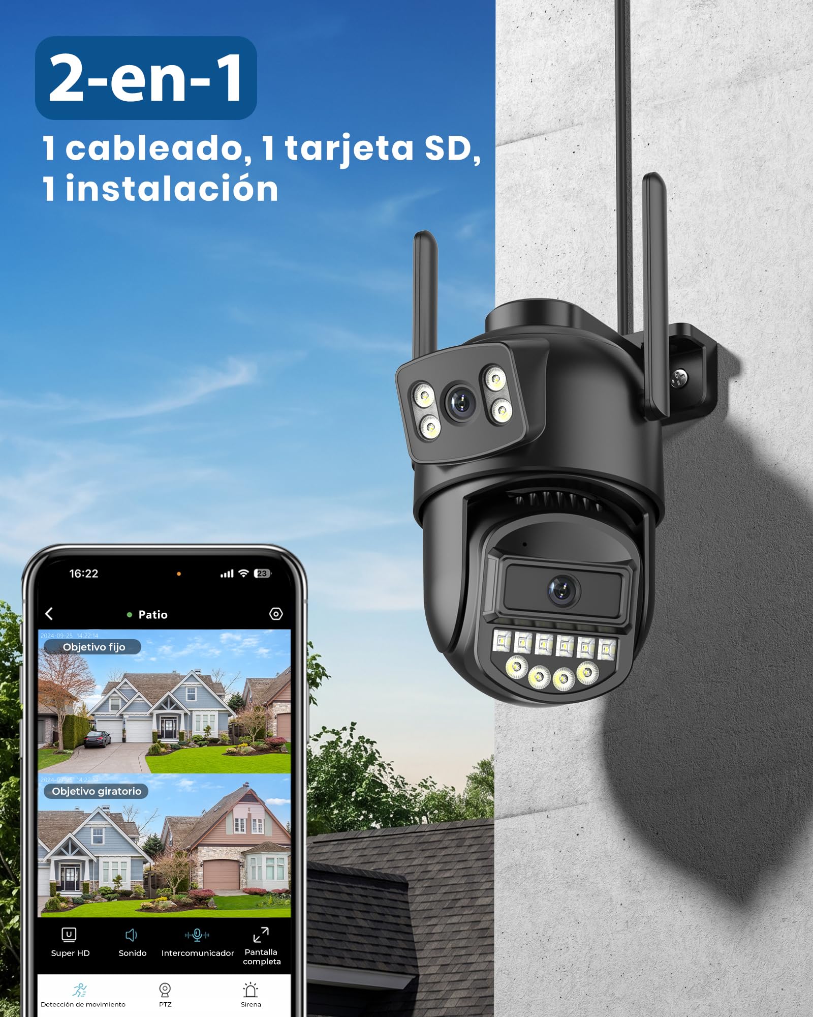 ANBIUX Camara Vigilancia WiFi Exterior, con 2K Doble Lente, 2.4/5Ghz Camara Vigilancia,360°PTZ,Ethernet,Visión Nocturna Color,Two-Way Audio,Detección Humana,2m Cable
