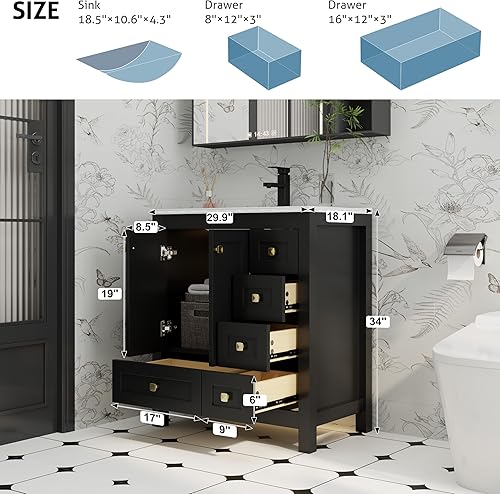 Miniatura 2 de eclife Tocadores de baño de 30 pulgadas con lavabo, moderno gabinete de almacenamiento de baño de madera gruesa con fregadero empotrado, drenaje