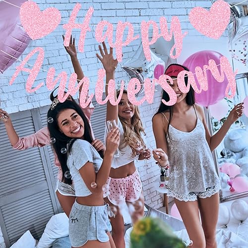 Miniatura 5 de Decoraciones de feliz aniversario  Cartel de feliz aniversario pre-encordado  Cartel de fiesta de aniversario de boda con purpurina rosa en