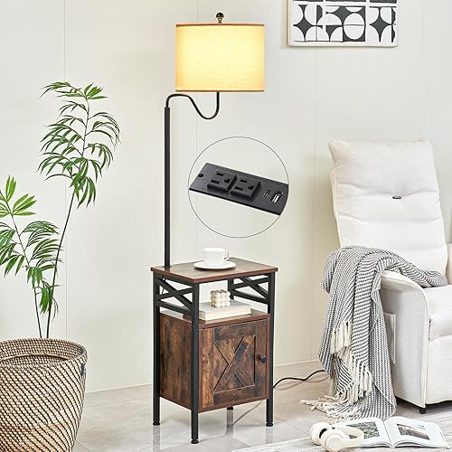 LOKHOM Lámpara de pie con mesa, mesa auxiliar estrecha con lámpara adjunta con puerto de carga USB y tipo C, mesita de noche rústica con