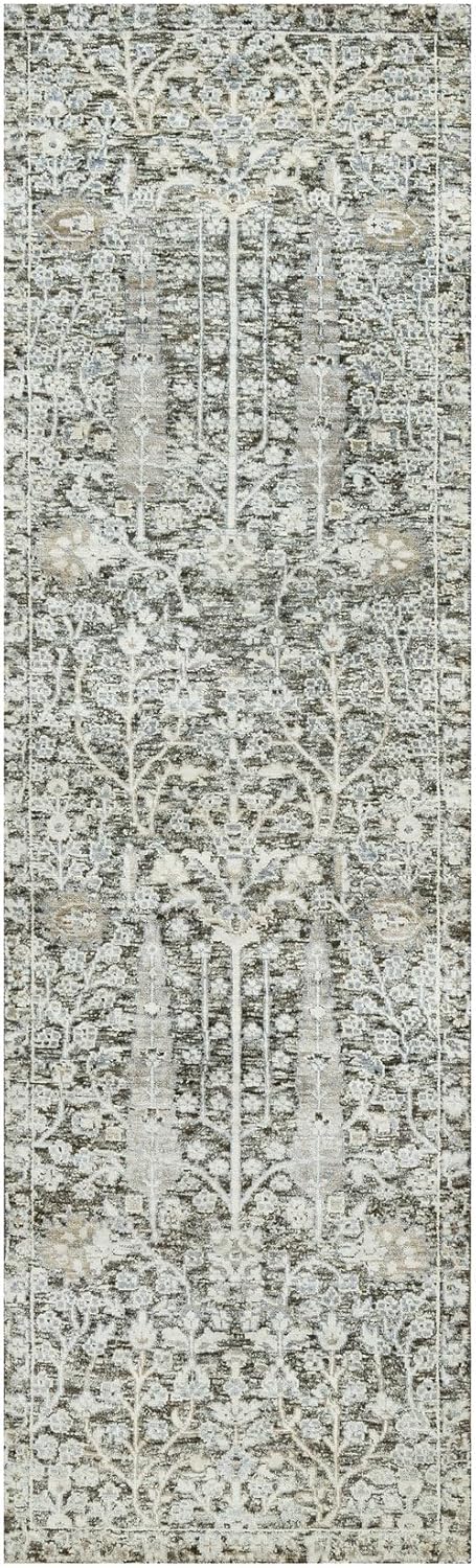Gray Hand Knotted Silk with Textured Wool Willow and Cypress Tree Design Runner Rug (2'4"x8'1")