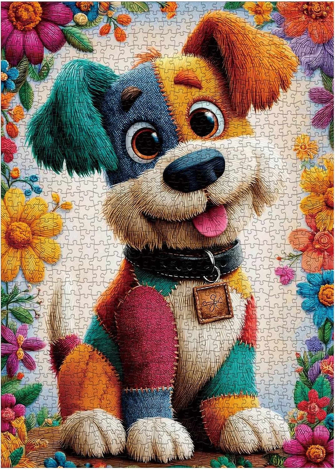 Funny Quilt Dog Flower Puzzles for Adults 1000 Pieces, Colorful Patch Animal Jigsaw Puzzle, Difficult Puppy Art Puzzles