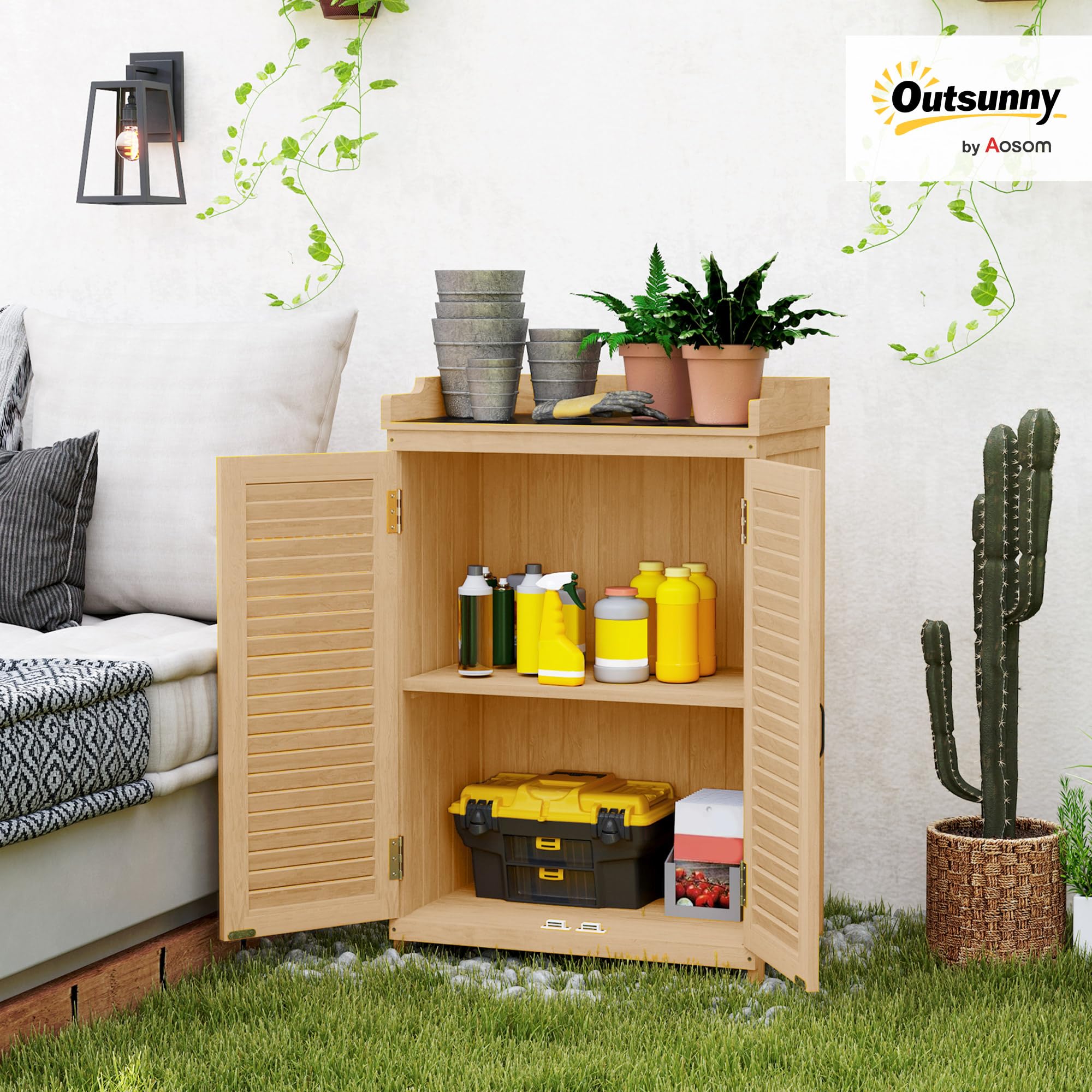 Outsunny Armadio da Giardino in Legno di Abete con Piano di Lavoro Zincato, Casetta Attrezzi Giardino con Ripiano Interno e Due Ante a Persiana, per Terrazza Patio, 65.5x40x98.5 cm, Giallo