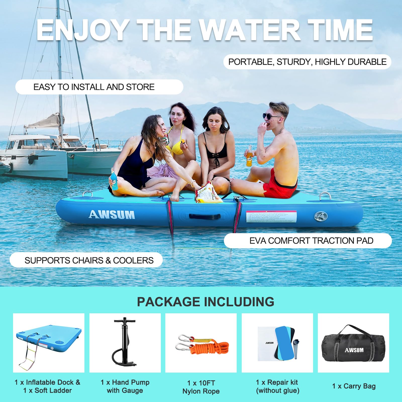 AWSUM Inflatable Floating Dock Air Dock Platform, 8ft Blue Non-Slip Inflatable Water Mat Floating Island Raft for Lake Pool Beach Ocean