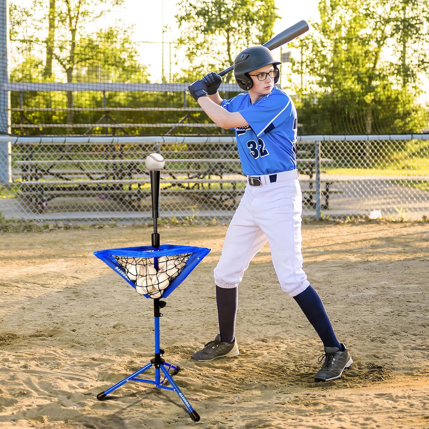 BaseGoal Baseball Softball Tee, Portable Batting Tee, Tripod Stand Rubber Tee for Hitting Training Practice with Removable Baseball Ball Caddy