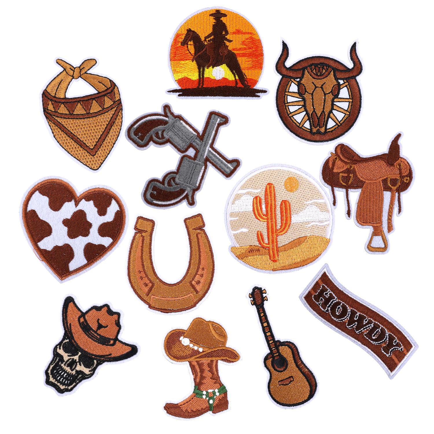 12pcs Western Iron On Patches, Cowboy Patches Vintage Rodeo Country Horseshoe Boot Embroidered Sew on Decorative Appliques Patches for Backpacks Hats Clothes Jeans Jackets