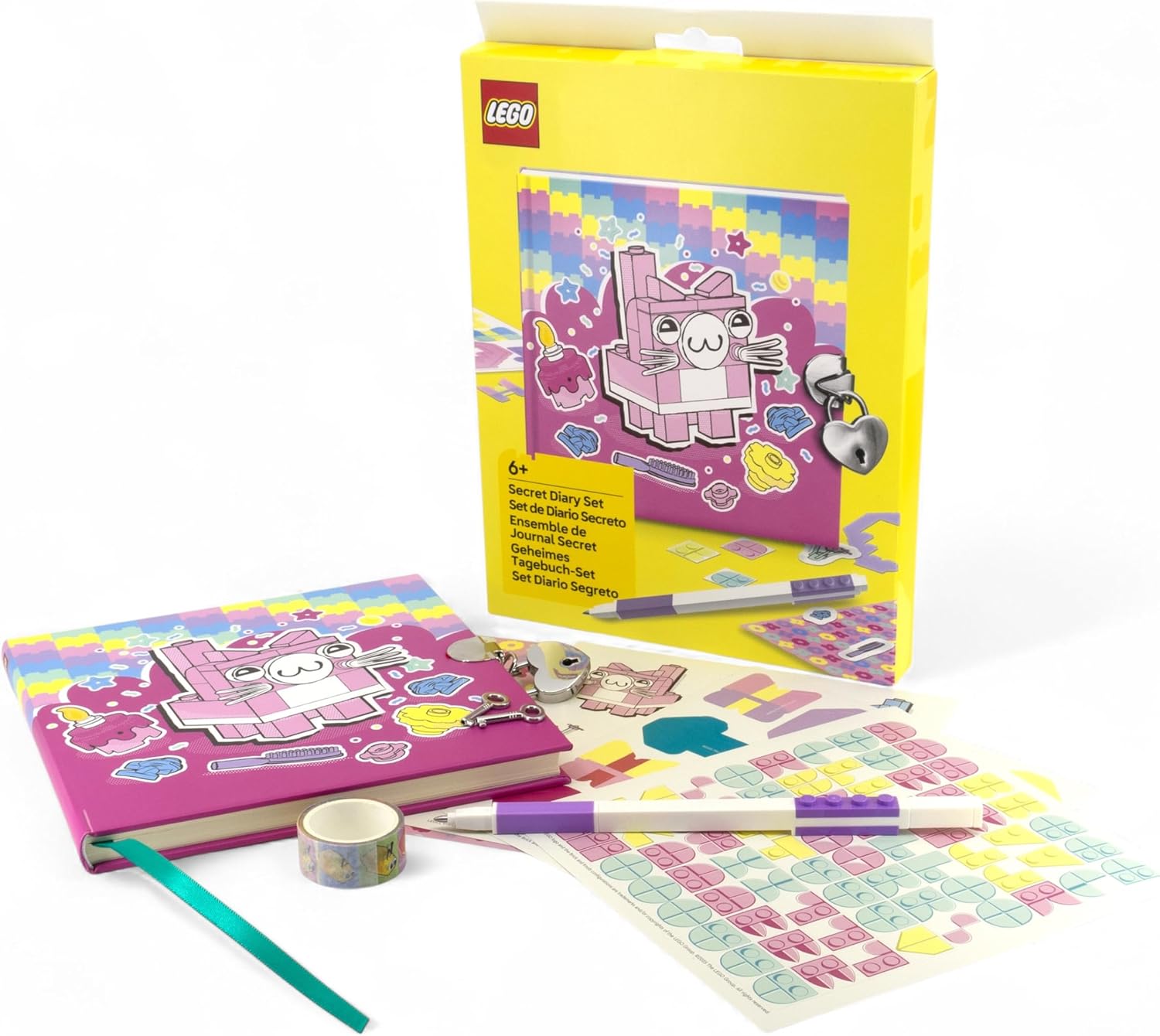 IQ LEGO Secret Diary Set - Cat (53594), includes 1 Diary, 1 Gel Pen with lavender ink, 3 Diecut sticker sheets, 1 Paper Tape, 1 Sticker Sheet, 1 Lock with 2 keys, Dotted pages