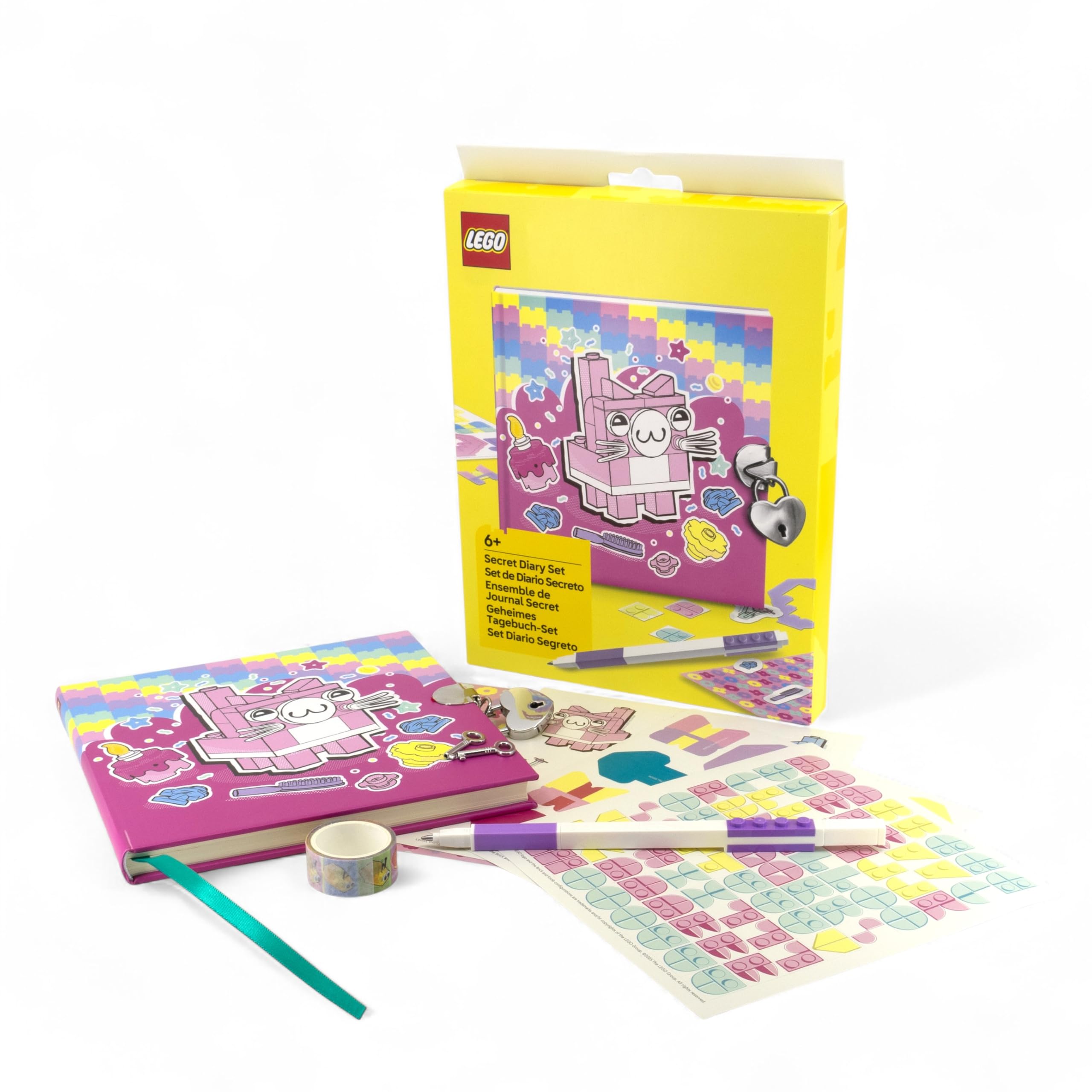 IQ LEGO Secret Diary Set - Cat (53594), include 1 diario, 1 penna gel con inchiostro lavanda, 3 fogli adesivi fustellati, 1 nastro di carta, 1 foglio adesivo, 1 lucchetto con 2 chiavi, pagine
