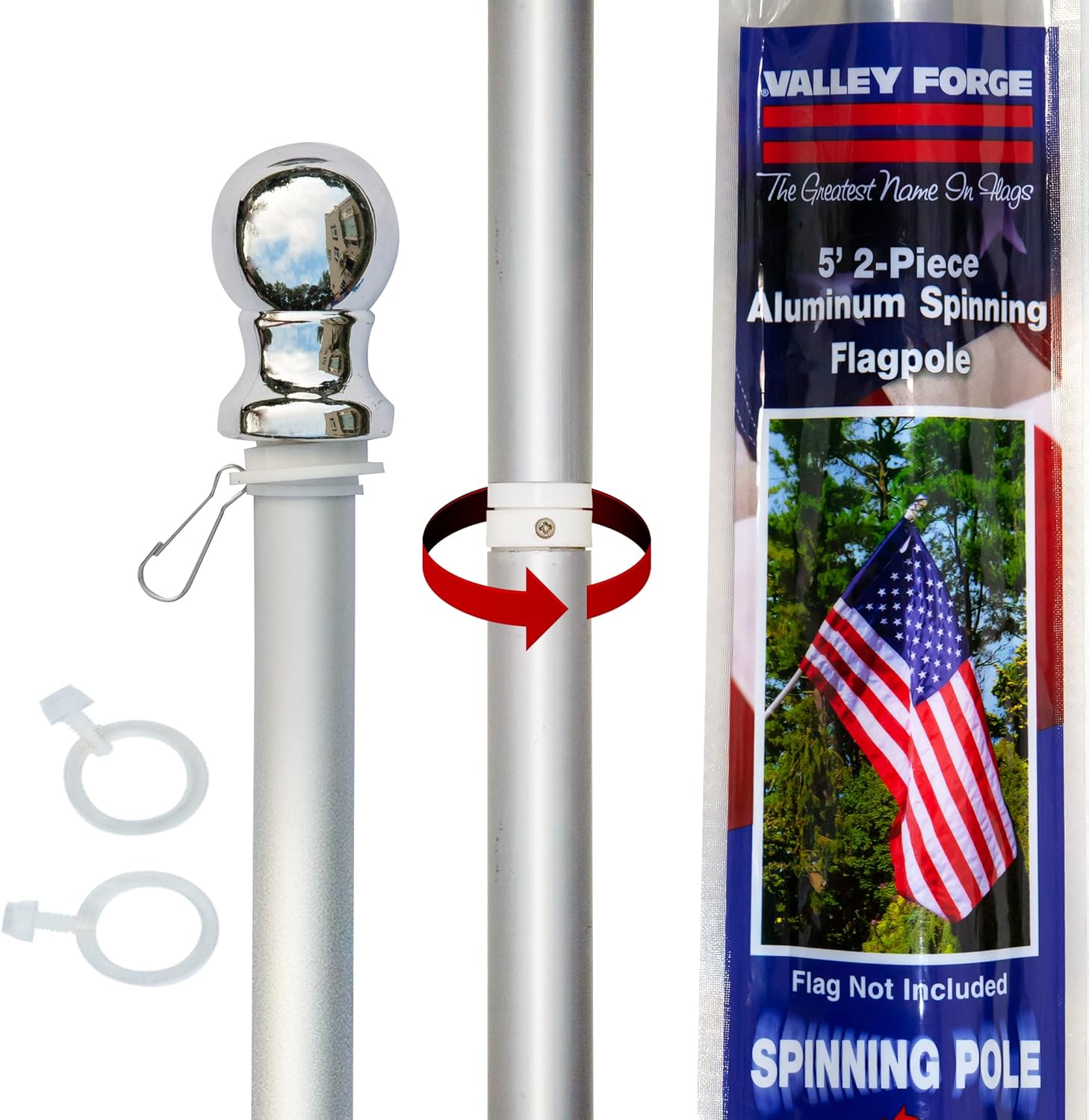 2-Piece 5' ft Brushed Aluminum Flagpole with Mounting Hardware and Spinning Technology - Sturdy and Durable - Built to Withstand The Outdoors and Harsh Weather – by Valley Forge Flag