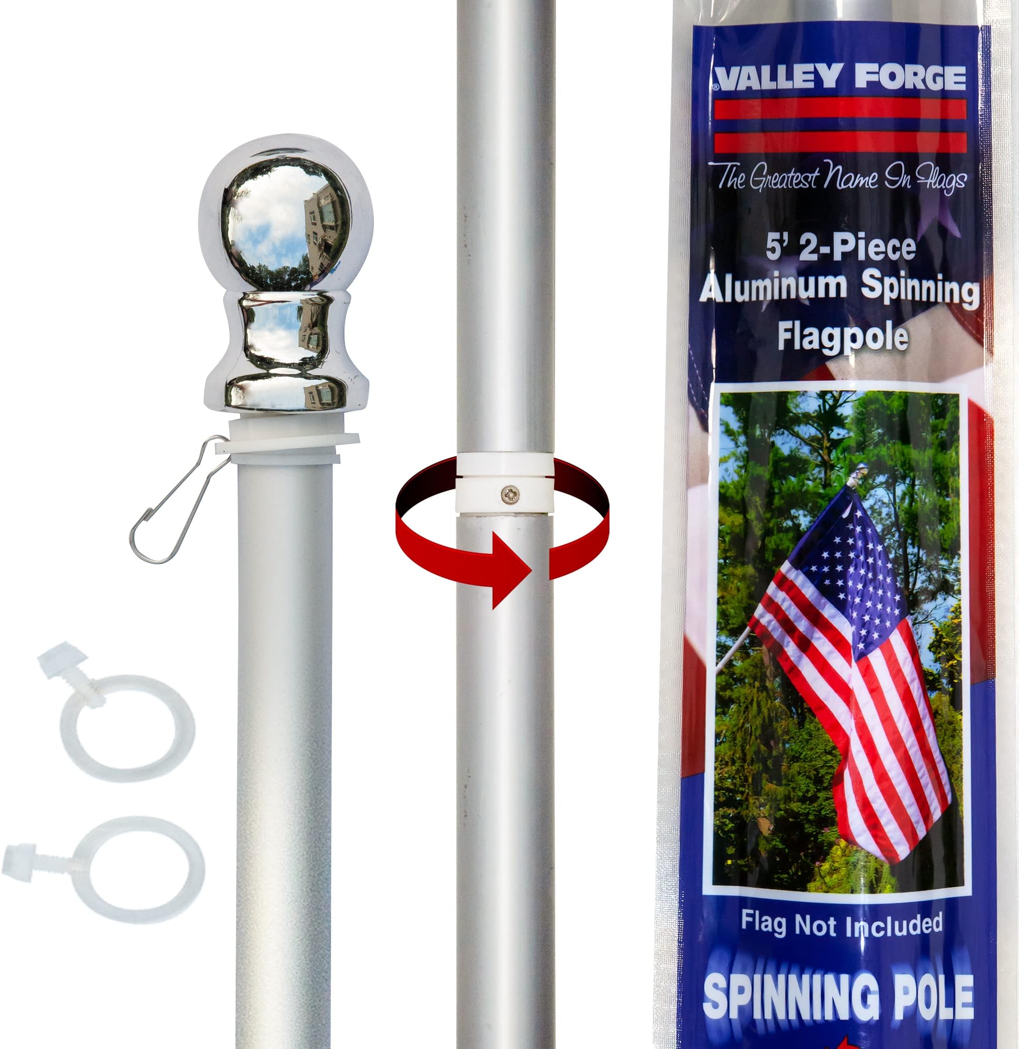 2-piece 5' ft Brushed Aluminum Flagpole with Mounting Hardware and Spinning Technology - Sturdy and Durable - Built to Withstand the Outdoors and Harsh Weather – By Valley Forge Flag