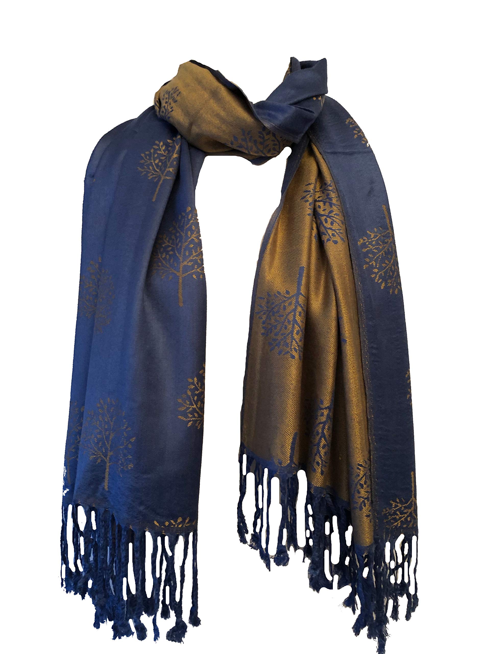 Pamper Yourself Now Women's Mulberry Tree Reversible Two Tone Pashmina Scarf, Lovely wrap/Shawl with Mulberry Trees. Great for Gifts. (Denim/Mustard)