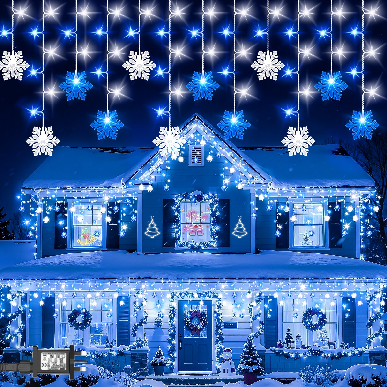 Etopgo Icicle Lights Outdoor, 10M 240LED Christmas Snowflake Icicle Lights,Blue White Christmas Light Mains Powered with Timer Waterproof for Outside House Gutter Roof Window Wall Xmas Decorations