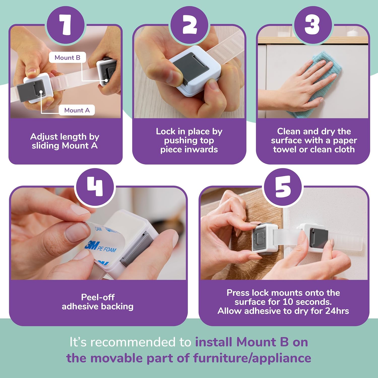 6 Pack Upgraded Baby Proofing Cabinet Latch Locks - No Drilling or Tools Required, Children Proof Cupboard Drawers Latches, Works with Most Cabinets and Drawers - Adhesive Easy Installation