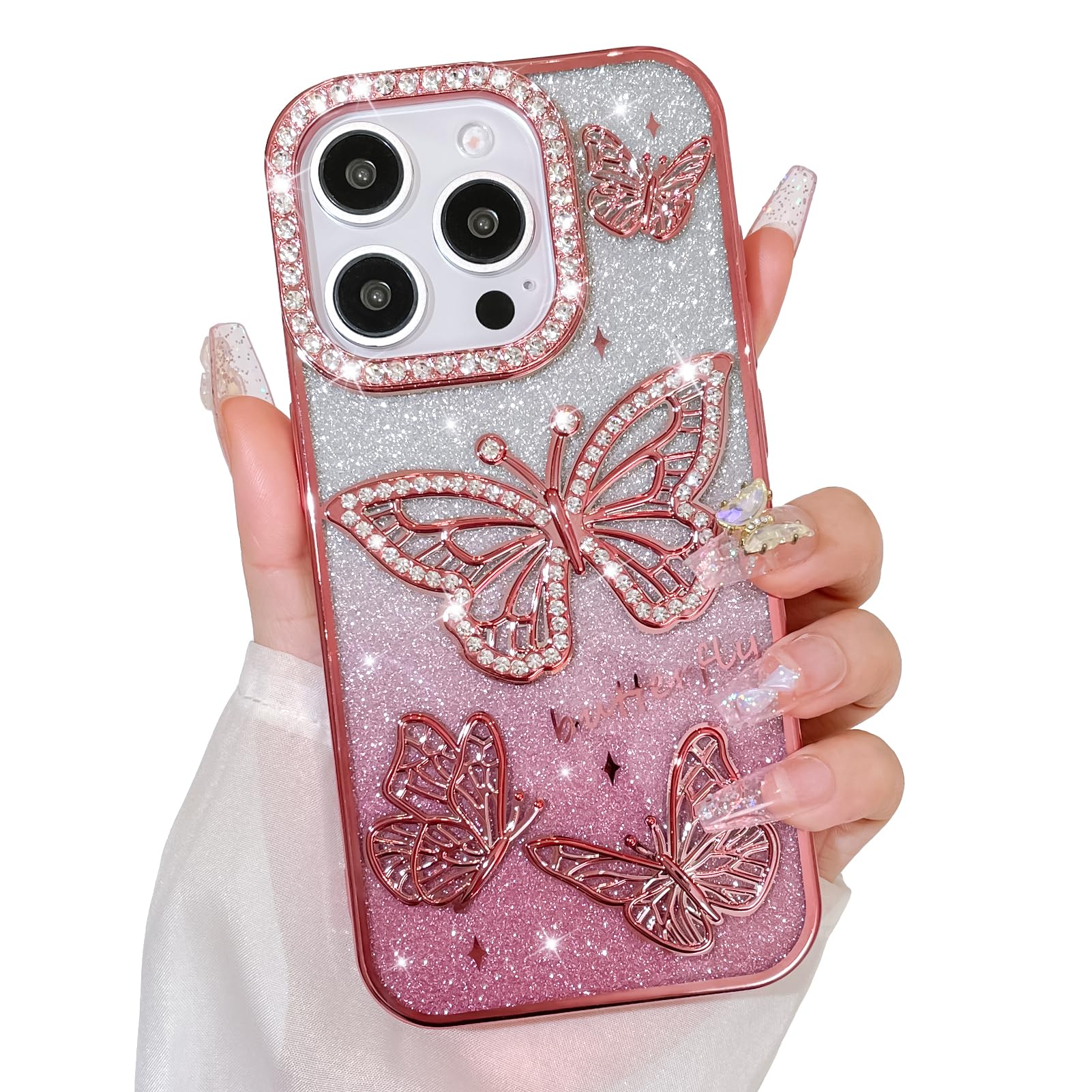 Bonoma Glitter Case for iPhone 15 Pro, Cute 3D Butterfly Pattern Plating Bling Case,Camera Protection Sparkly Slim Soft Back Cover for Women Girls,