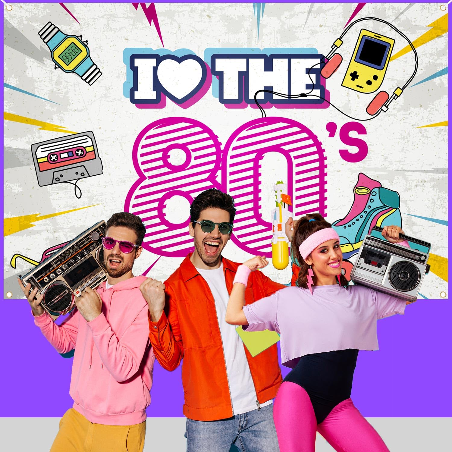 80er-Jahre Party-Banner „I Love The 80er“ – 180x120 Cm, Neon-Design, Für Fotohintergrund & Deko