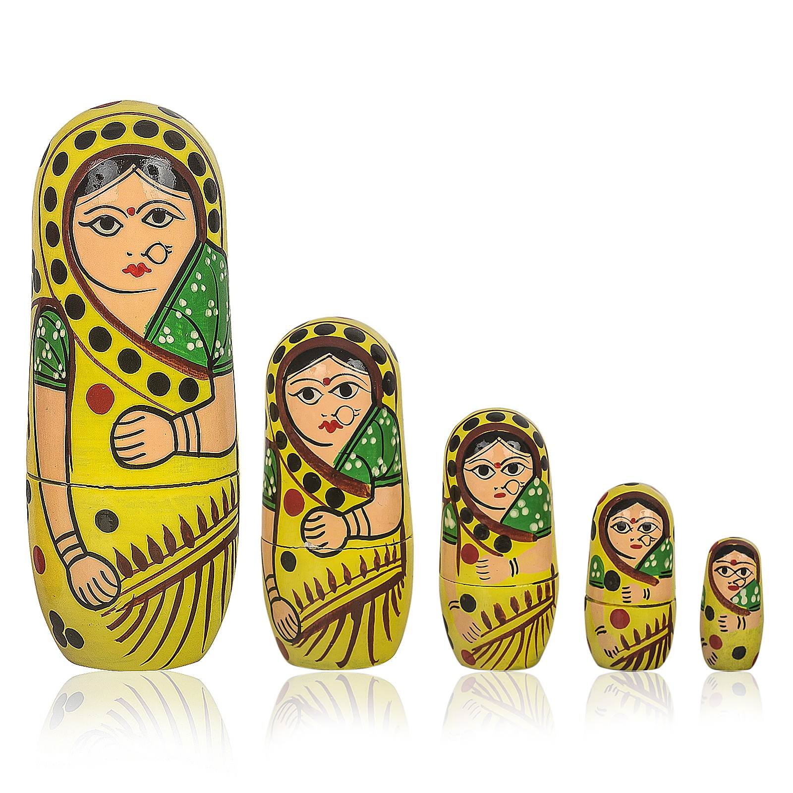 Fine Craft India 15 Pcs Red Yellow Green Color Hand Painted Wooden Russian Nesting Dolls 1
