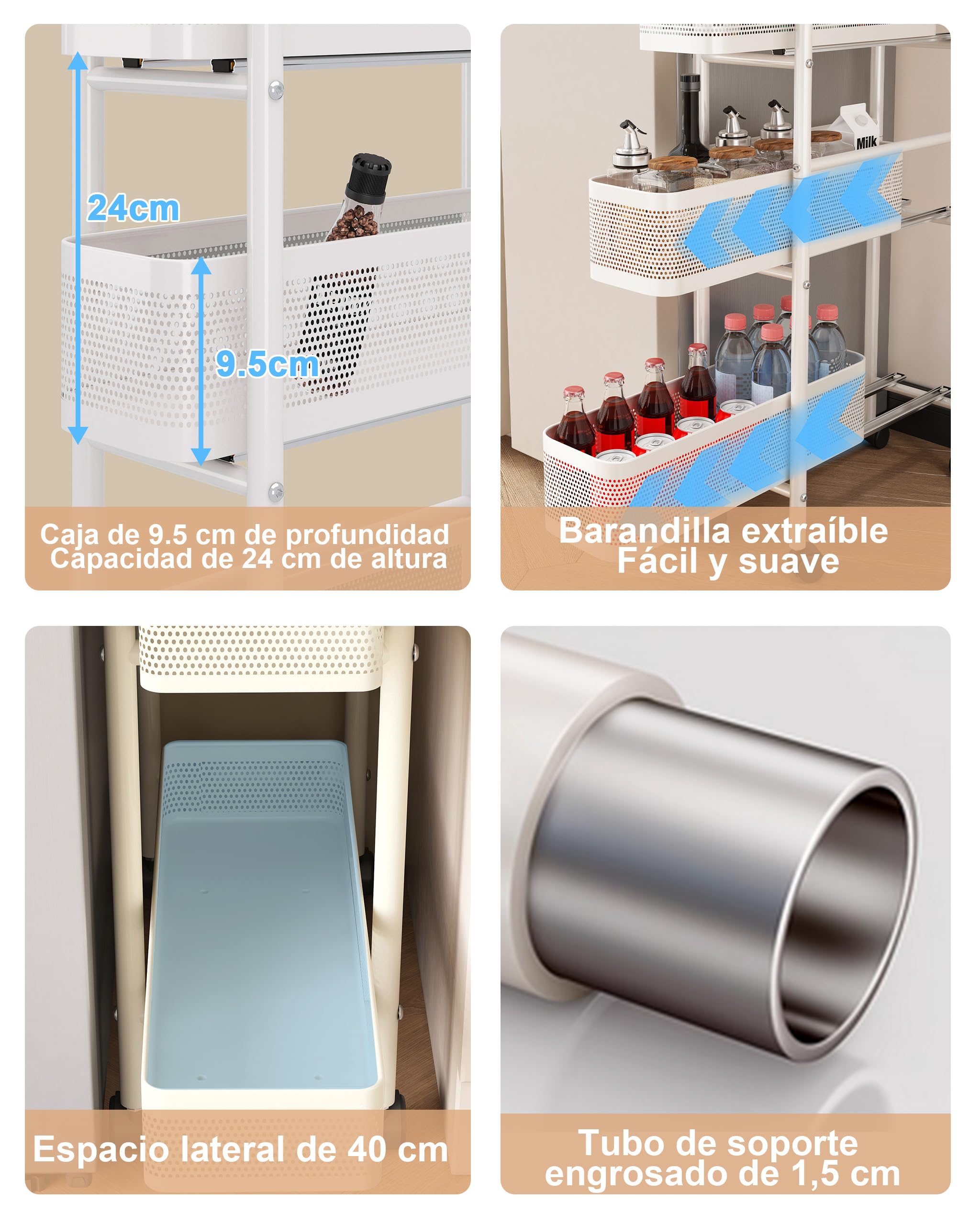 UMDONX Carrito auxiliar con ruedas con cajones extraíbles, Carro de servicio de 5 niveles, Carrito Cocina Ahorra Espacio Estanteria Estrecha Carrito Cocina para cocina, baño, dormitorio, salón(Blanco)