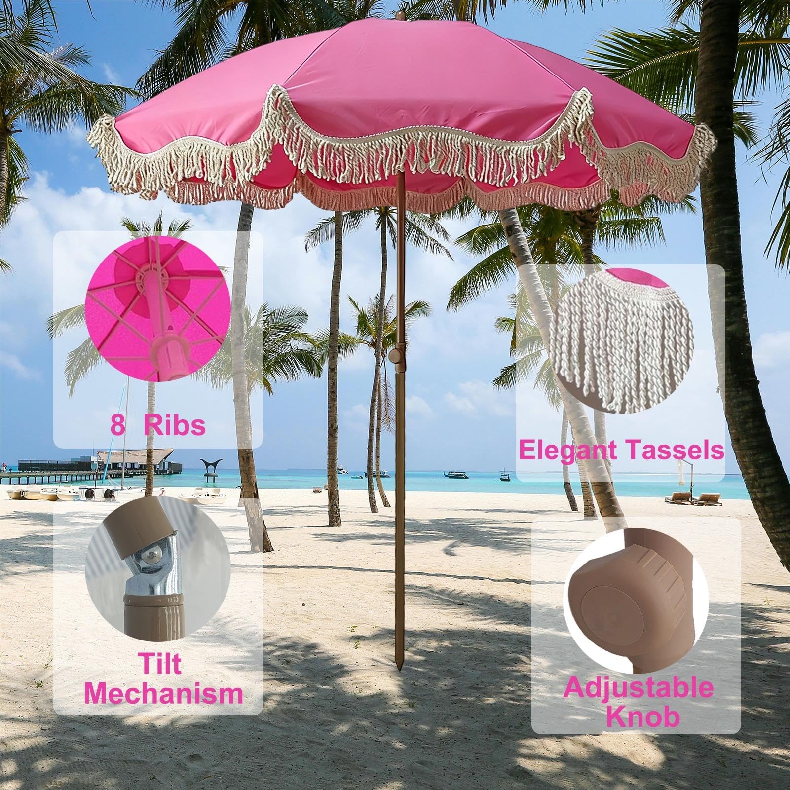 Parasol Ogrodowy Boho 200 cm z Frędzlami, Parasol Tarasowy z Frędzlami UPF 50+, z Regulacją Nachylenia, Wodoodporny na Taras Plażę