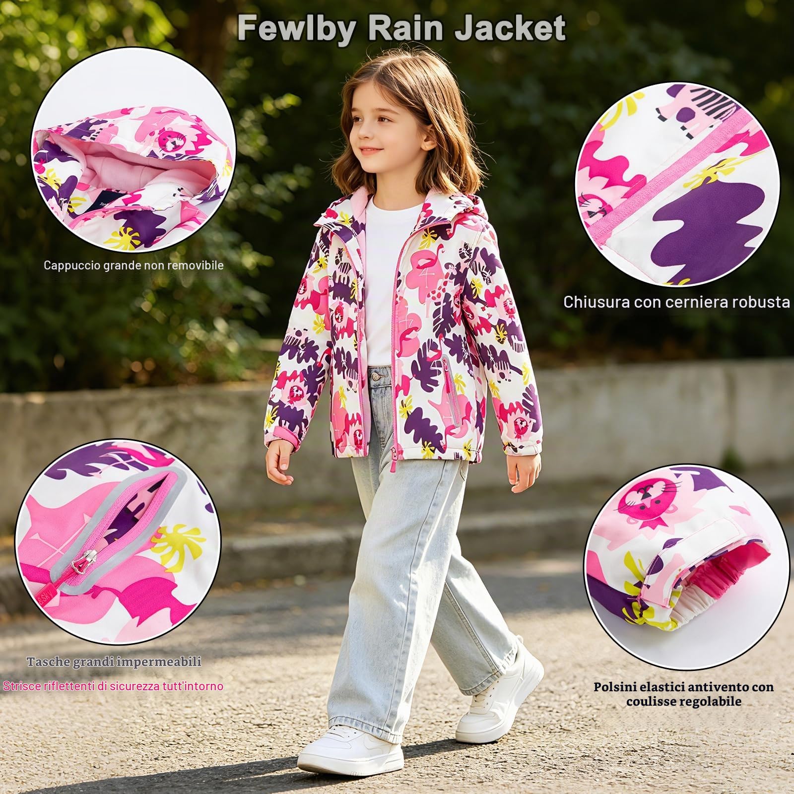 Fewlby Giacca Impermeabile con Cappuccio, Bambini Giacca a Vento Impermeabile con Cappuccio Cappotto Foderato in Pile Ragazze Capispalla, 9-10 Anni