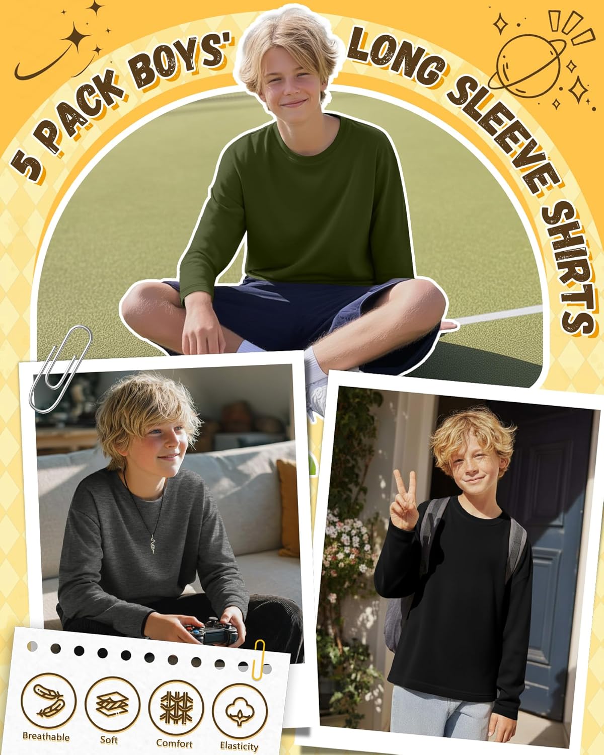 5 Pack Boys' Long Sleeve Shirts 3-16 Years Crew Neck Kids T-Shirts Teen Baggy Casual Layer Solid Tops - Image 4