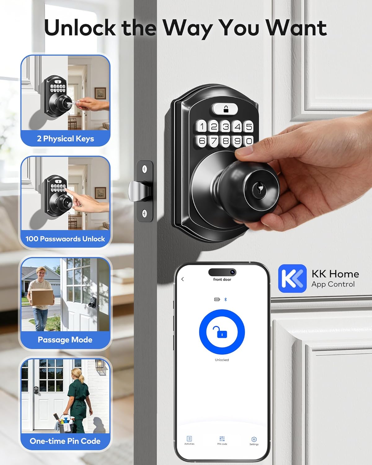 TEEHO Smart Door Knob with Keypad + TEEHO Keyless Entry Door Lock, Auto Lock, Easy Installation for Front Door, Bedroom, Rental