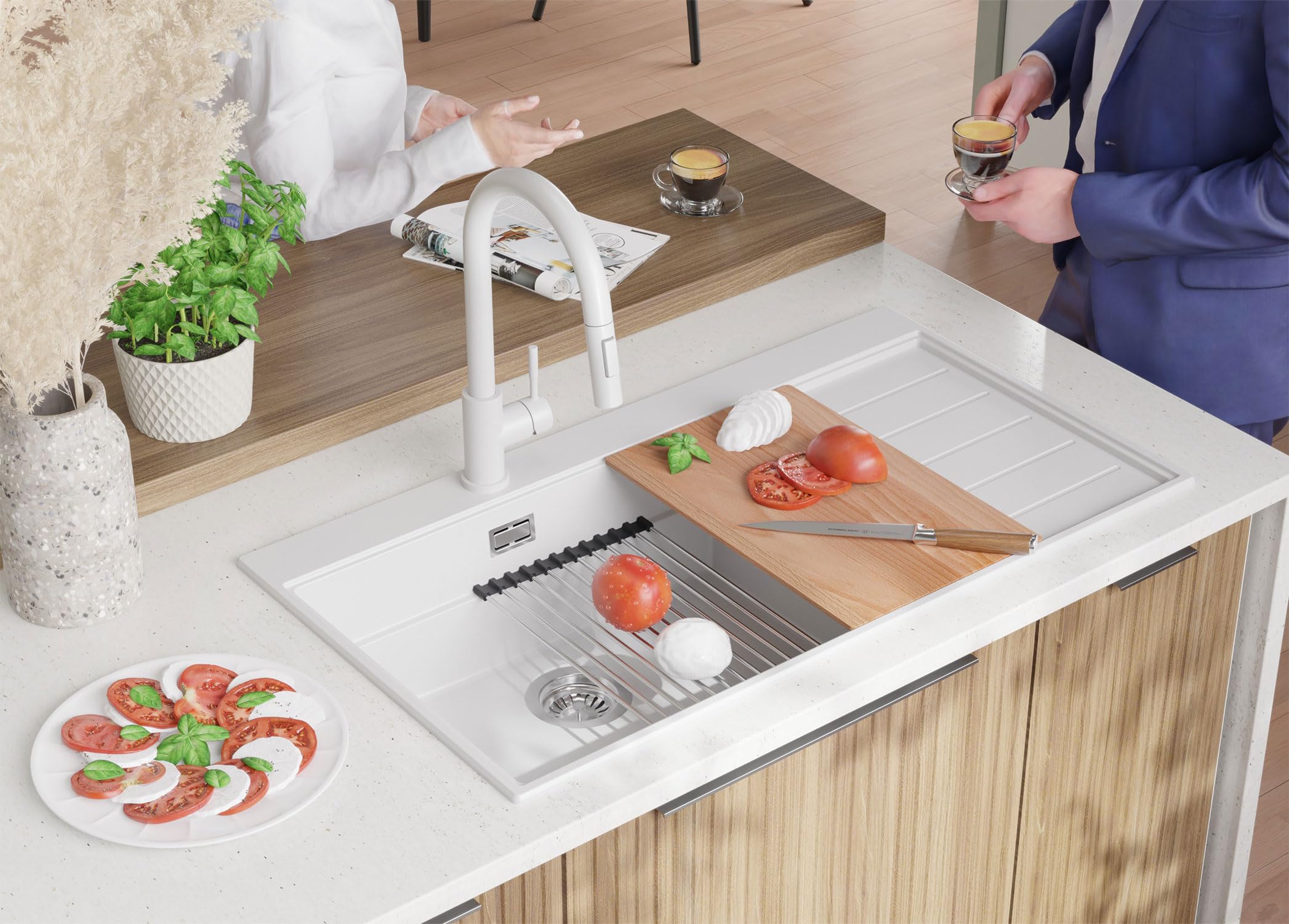 PRIMAGRAN Evier Cuisine en Granit au Meuble 60cm + Kit de Vidage, 90x50cm