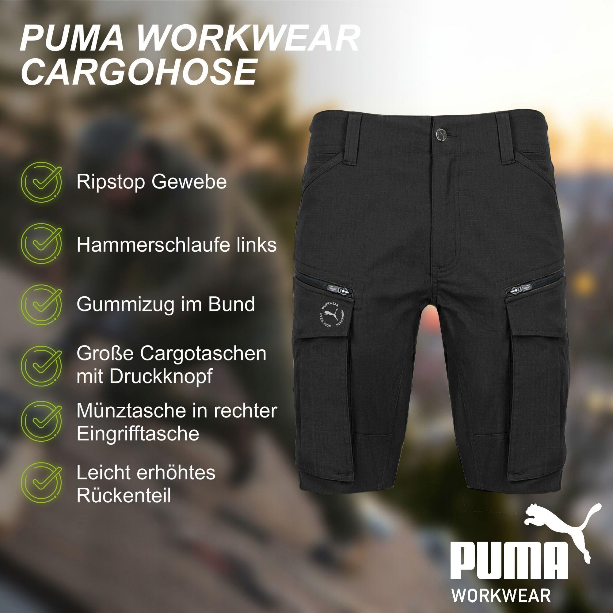 PUMA Workwear krótkie spodenki robocze męskie – wytrzymałe szorty ze stretchem i tkaniną Ripstop – gumka w pasie – podwyższona część tylna – szlufka na ramię – pokrowiec na telefon komórkowy