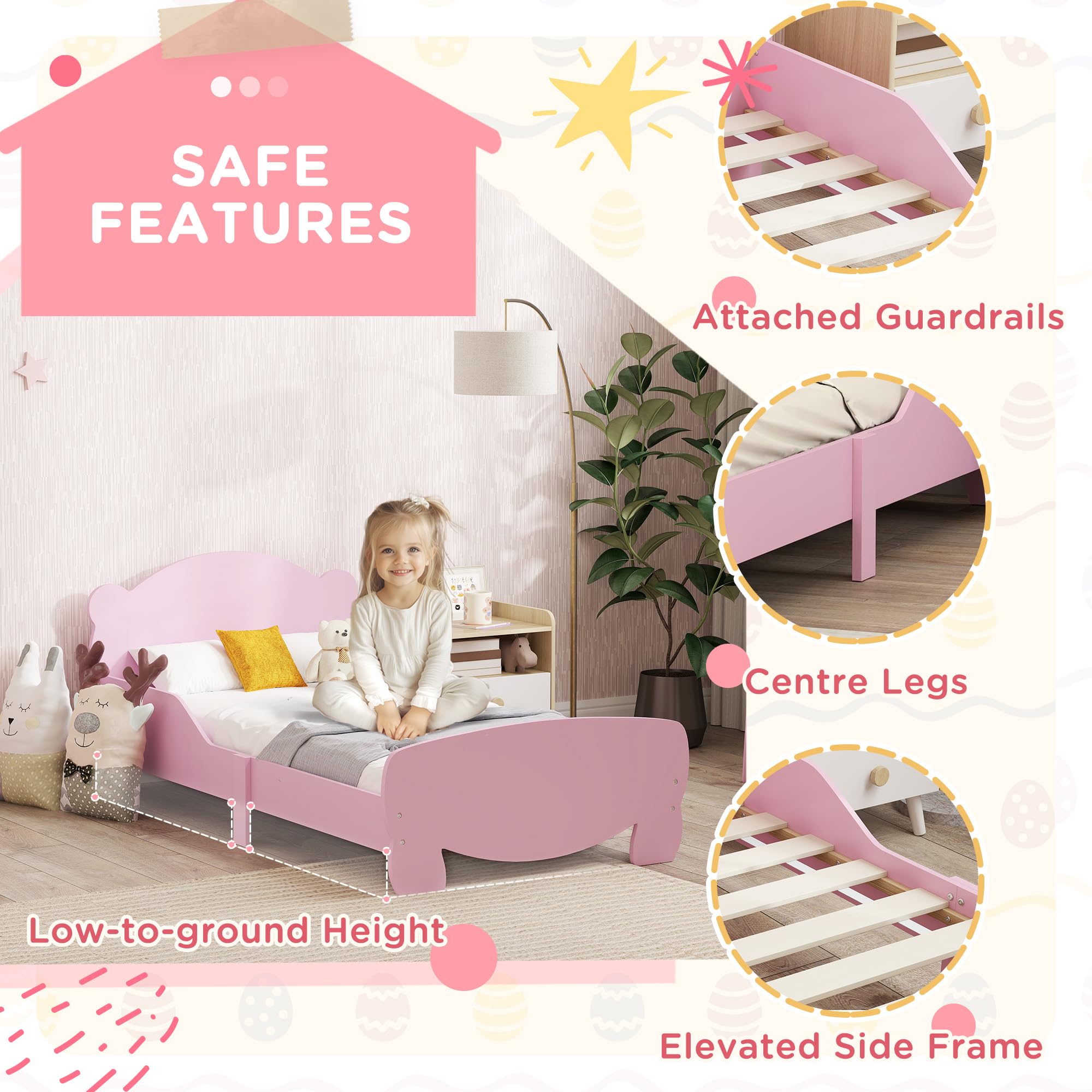 AIYAPLAY Cama Infantil Montessori para Niños de 3 a 6 Años, Cama Infantil Individual de 140x70 cm con Laterales Anticaída y Somier de Láminas de Madera en Forma de Oso para Habitación Infantil, Rosa
