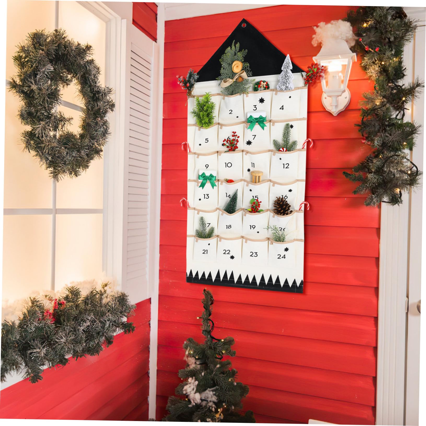 Amosfun Weihnachtlicher Adventskalender Stoffbeutel Fächer Hängend Tür Wand Dekoration Baumwolle Atmungsaktiv Multifunktional Geschenkaufbewahrung